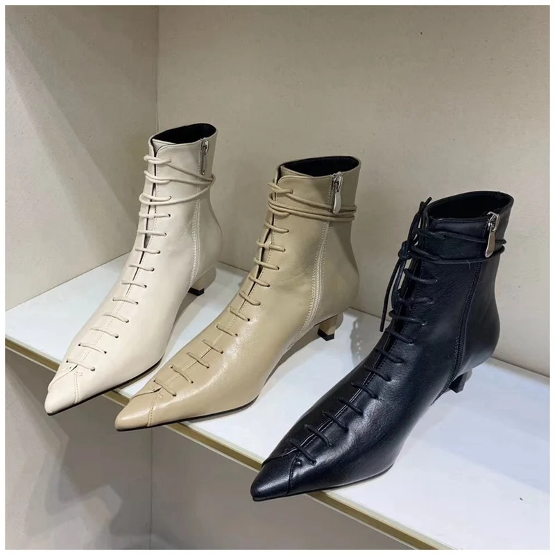 

BONJEAN Women's Ankle Boots Pointed Toe Fashion Cross Strap Zip Low Heel Woman Elegant Short Boot Thin Heel Martin Shoes Pump