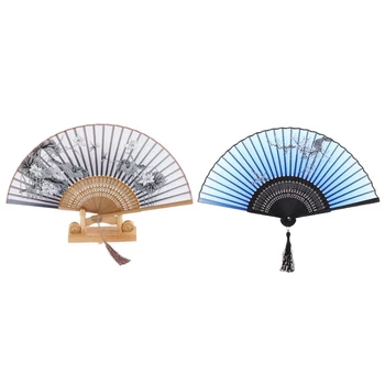 

2 Pcs Folding Fan: 1 Pcs Plum Blossom Pattern Pocket Fan Wedding Gift Blue & 1 Pcs Silk Hand Fan Lotus Folding Fan Bamboo - Gray