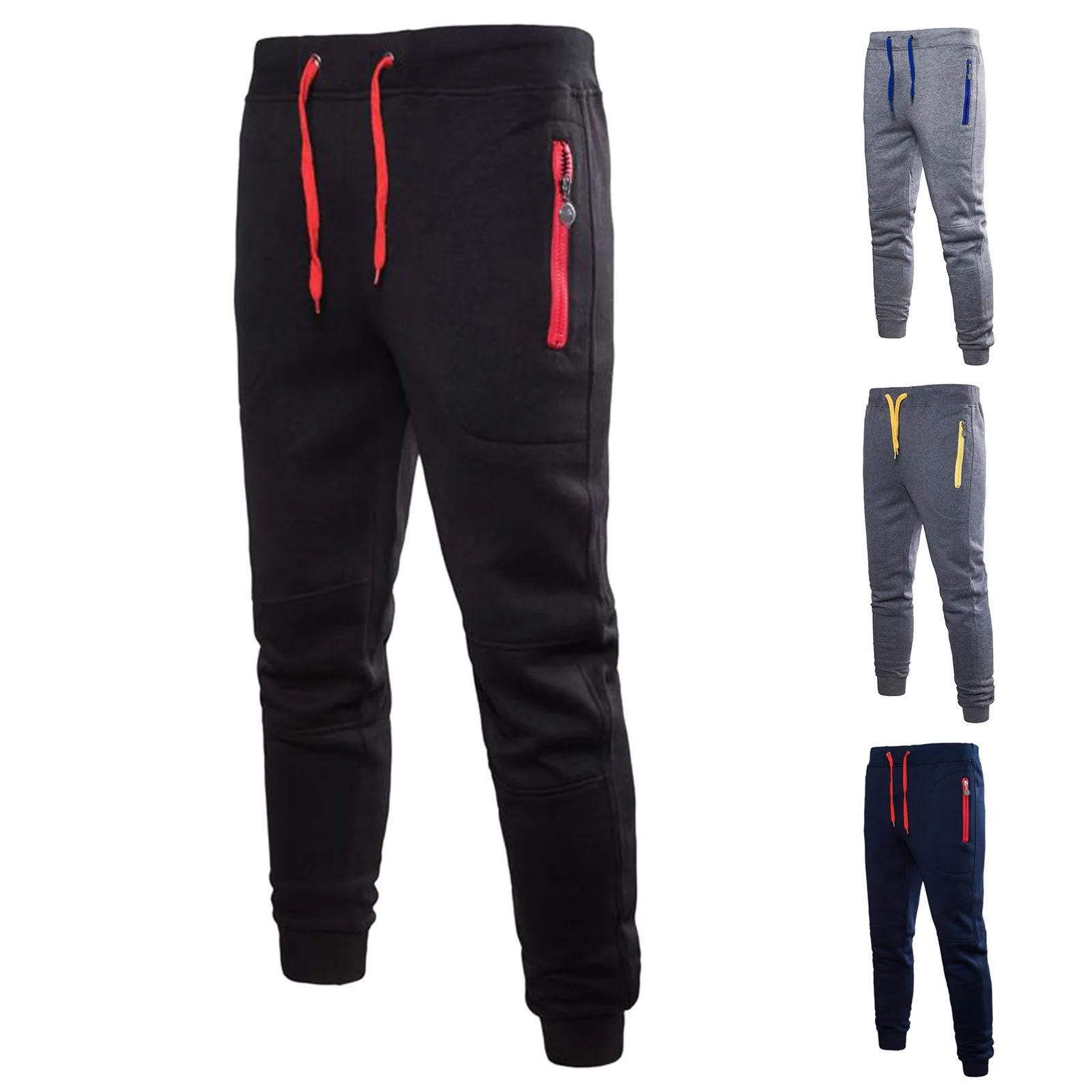 Men's Mid-waist Zipper Pocket Trousers Casual Lace-up Trousers Drawstring Loose Running Jogging Gym Pants Штаны Мужские 1