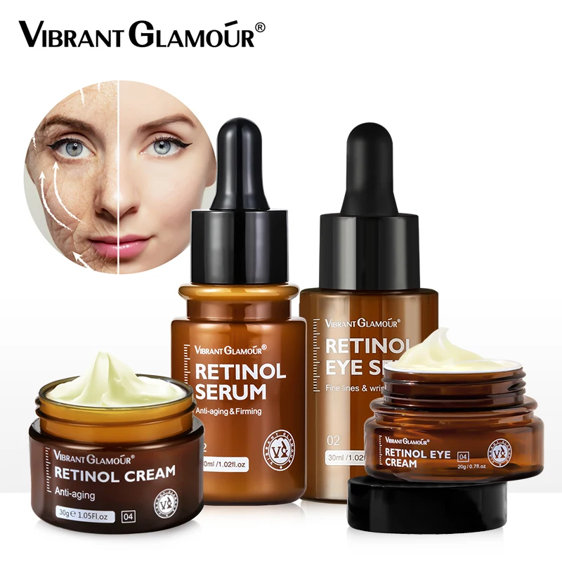 VIBRANT GLAMOUR Retinol Face Eye Cream Serum 4PCS/Set Firming Lifting Anti-Aging Reduce Wrinkle Fine Lines Facial Skin Care Suit | Красота и