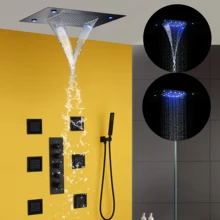 Термостатический душевой кран для ванной комнаты, черный смеситель для ванны, водопад, дождевая Душевая система, потолочный светодиодный душевой кран, латунный ручной душ