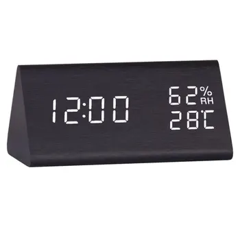 

LED Wood Grain Alarm Clock Temperature Humidity e-Shape Desktop Table Clocks Bedroom Alarm Clock Home Décor