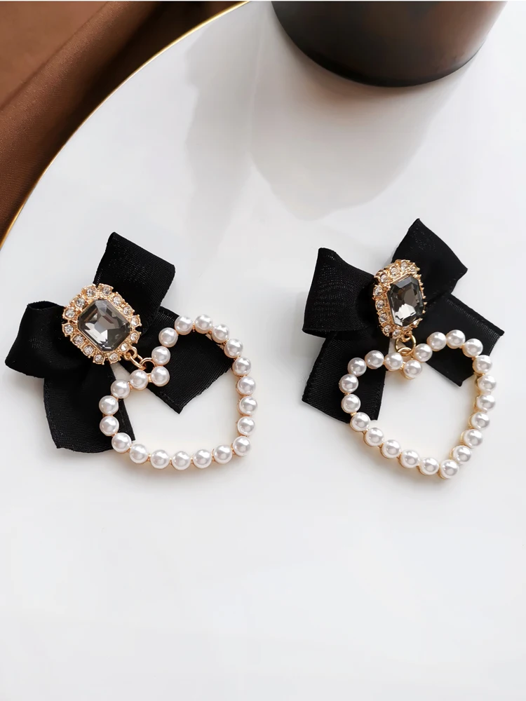 Dangle Earrings Drop Earrings Bowtie Earrings Crystal Earrings S925 Needle Jewelry Black Bowknot Crystal Glass Simulated Pearls Heart For Girl