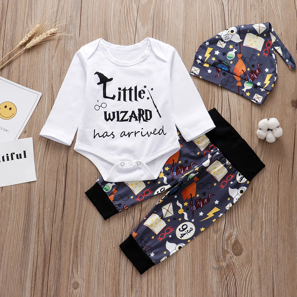 2019 Summer Newborn Infant Baby Clothing 3PCS Sets Little wizard Romper+Stripe Pants+Hat Toddler Outfits | Детская одежда и обувь
