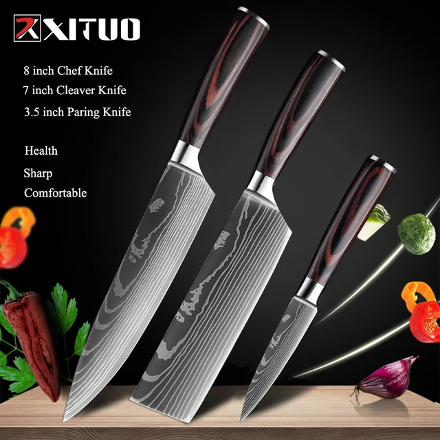 XITUO Chef knife 1-10 Pcs Set Kitchen Knives Laser Damascus Pattern Sharp Japanese Santoku Knife Cleaver Slicing Utility Knife 3 PCS Value set 01