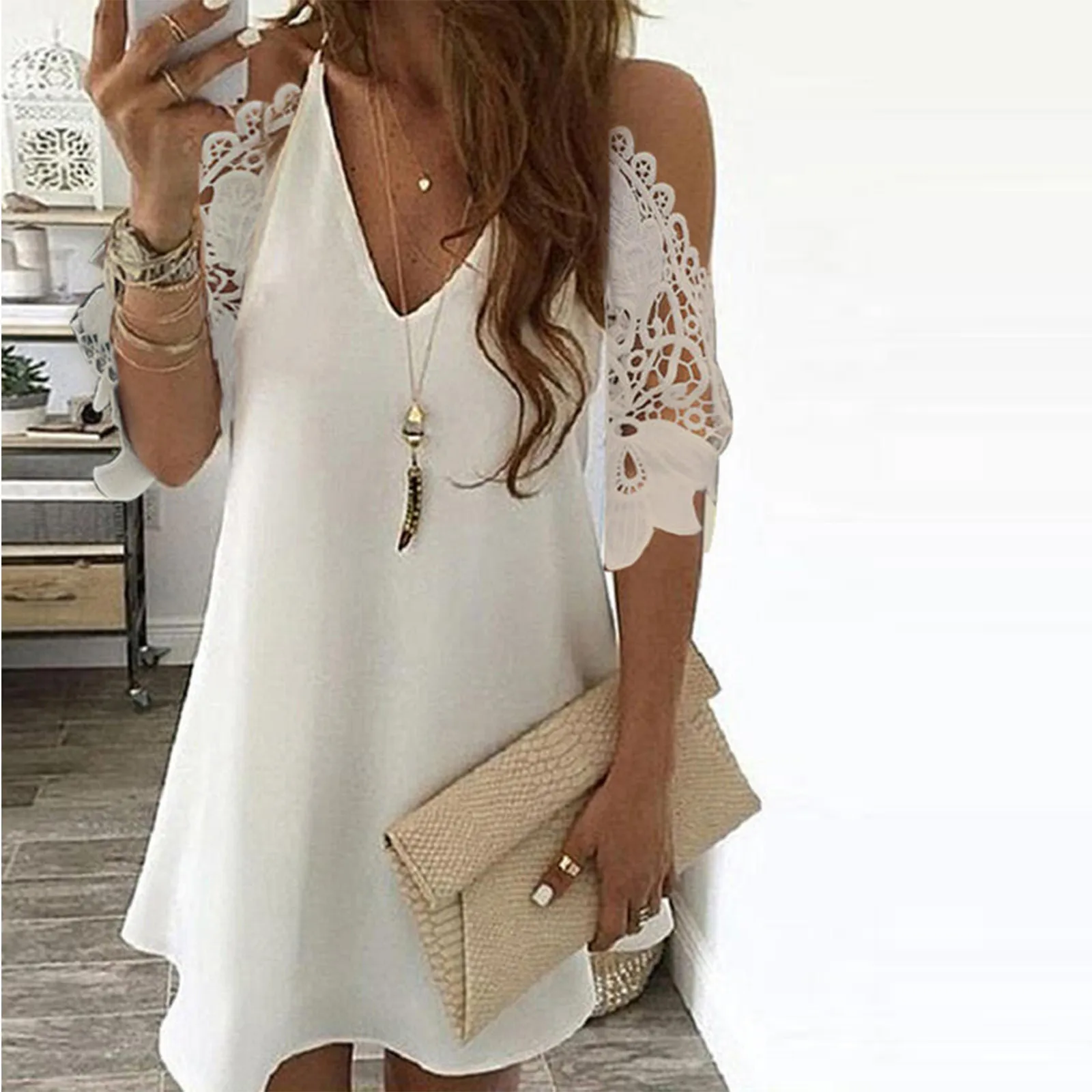 Plus Size Vintage Sexy Mini Dress Women Summer Lace Solid Color Dress Casual Loose Party Dress V-Neck Sling Sundress Vestidos mini dress