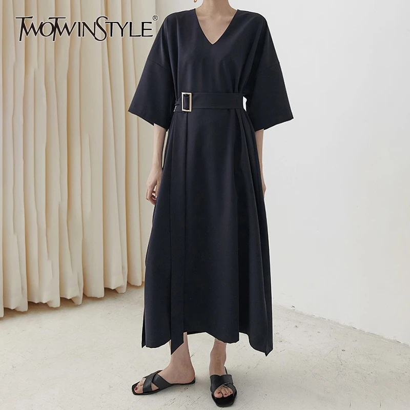 

TWOTWINSTYLE Solid Elegant Women's Dress V Neck Half Sleeve High Waist Sashes Side Split Midi Summer Dresses Female 2020 Fashion