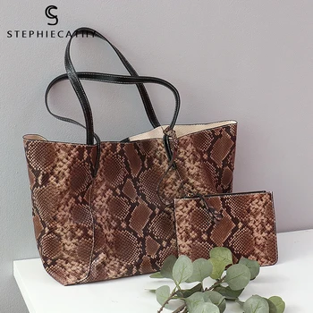 

SC Luxury Genuine Leather Shoulder Bag for Women Large Tote Snake Pattern Handbag High Quality Soft Leather Female Shopping Bag