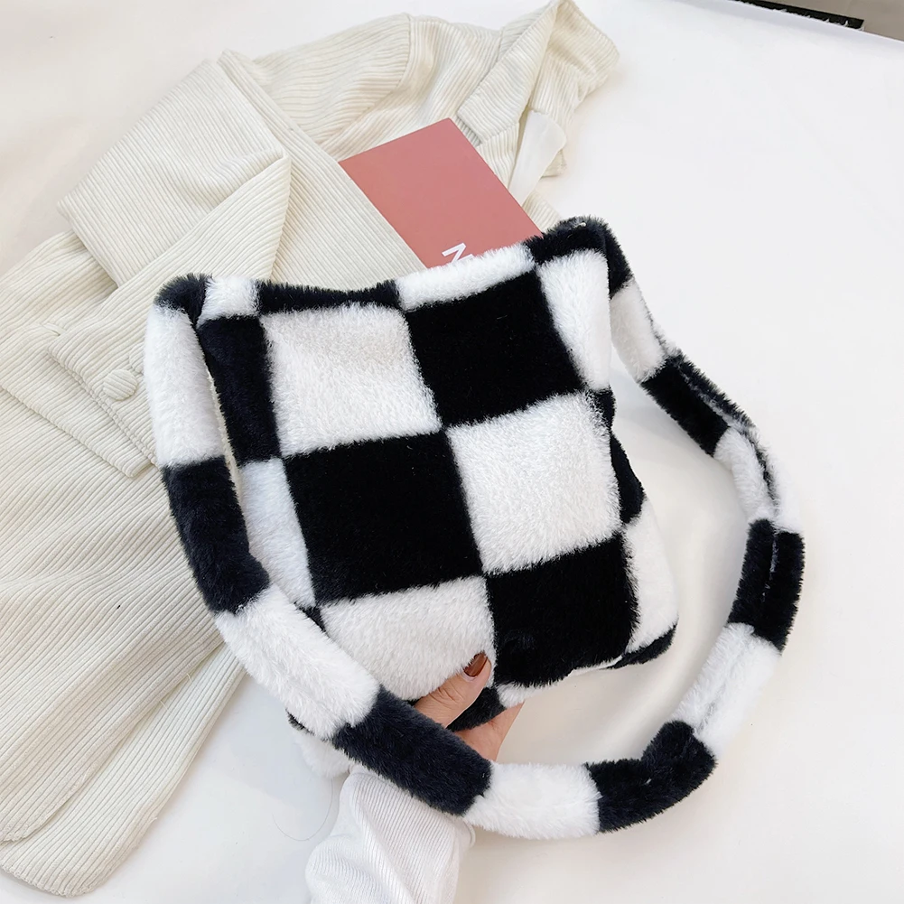 Fashion Checkered Print Shoulder Bag Autumn Winter 2022 INS Fashion Women Plush Bag Handbag Women Tote Bags Shopper bag bolsas