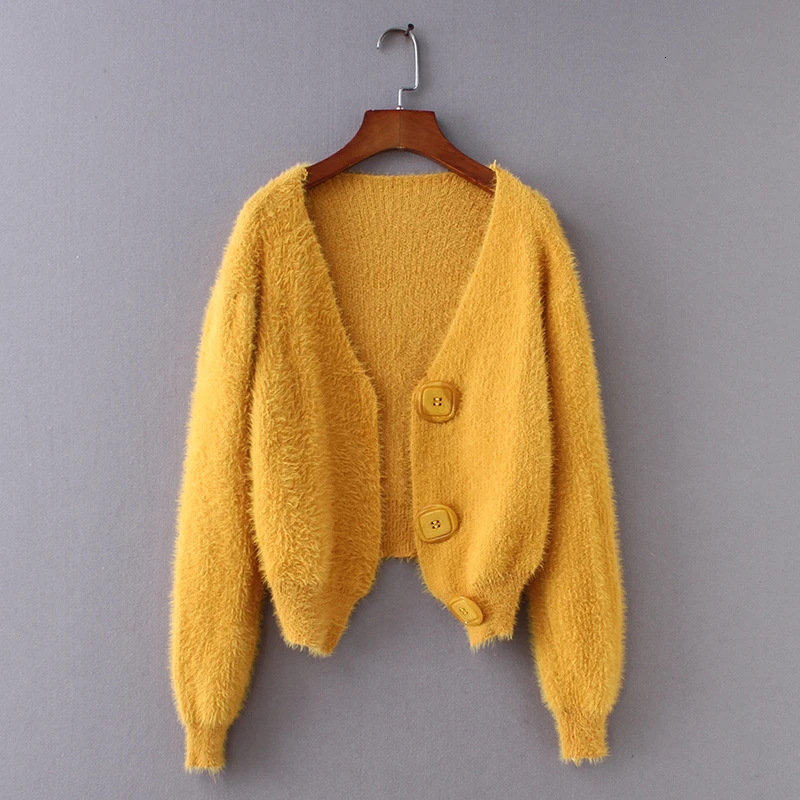 Винтажная уличная одежда желтый вязаный длинный рукав женский кардиган свитер