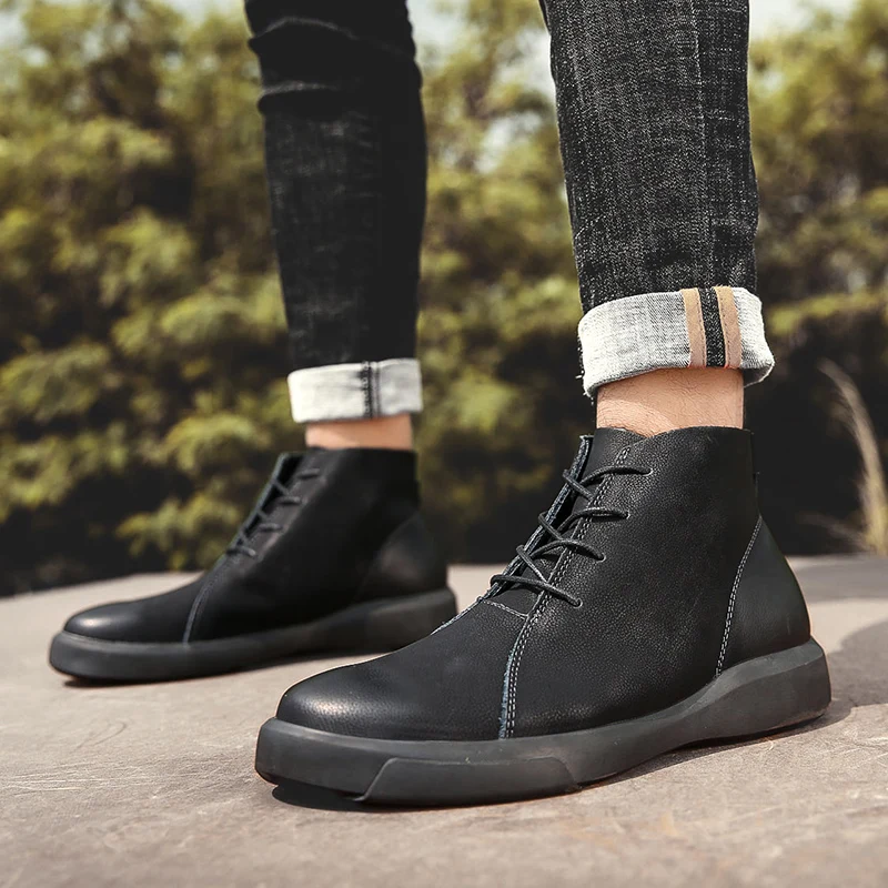 Autumn Leather Men Boots Winter with Fur Warm Snow Boots Men Leather Work Shoes Men Footwear Rubber Ankle Shoes Male HX-158