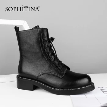

SOPHITINA Lace Up Ankle Boots High Quality Genuine Leather Round Toe Soild Med Heel Women Shoes Hot Sale Work Warm Boots C582