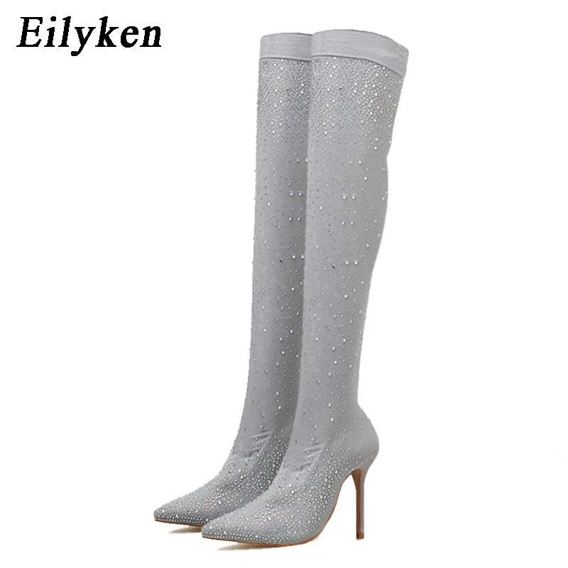 Eilyken/ г. Модные Подиумные Клубные ботинки с кристаллами стелька из эластичной ткани женские ботфорты с острым носком на каблуке 7, 12 см
