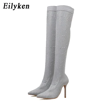 

Eilyken 2020 Fashion Runway Club Crystal Stretch Fabric Sock Boots Pointed Toe Over-the-Knee Heel Thigh High Woman Boot 7 12CM