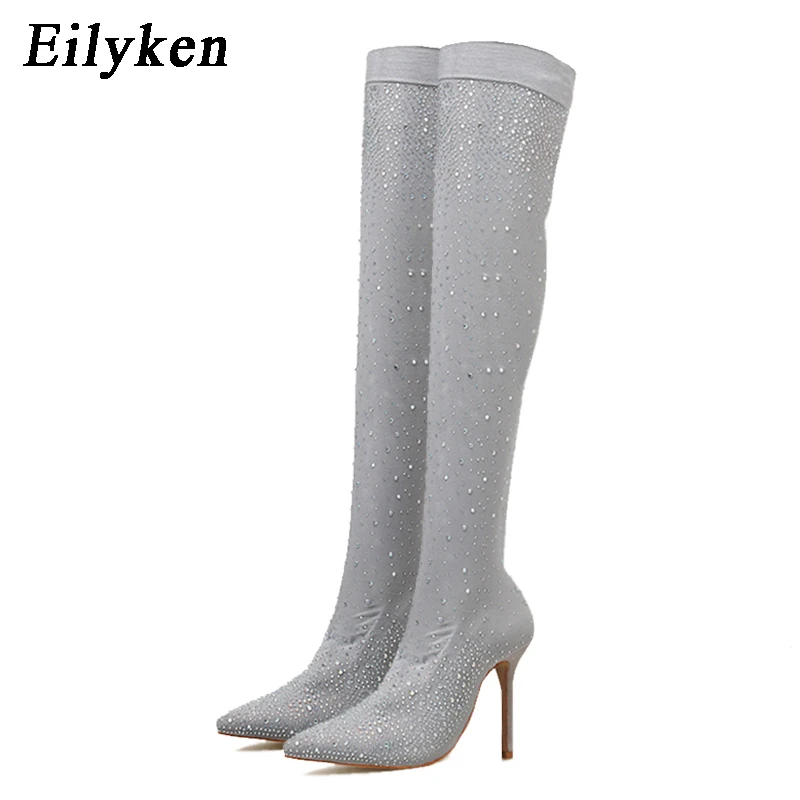 Eilyken 2021 модные Подиумные Клубные блестящие Женские Сапоги выше колена с острым