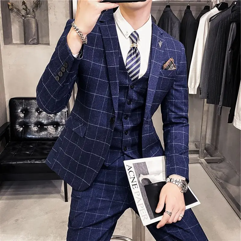 エンブレムロゴ デュポン ジャケット ベスト パンツ ファッションブティックチェック柄ハイエンドブランドフォーマル ビジネススーツ新郎ウェディングドレスメンズスーツ3 Pceセット 即購入ok試着のみサイズ Aytulaydin Nl