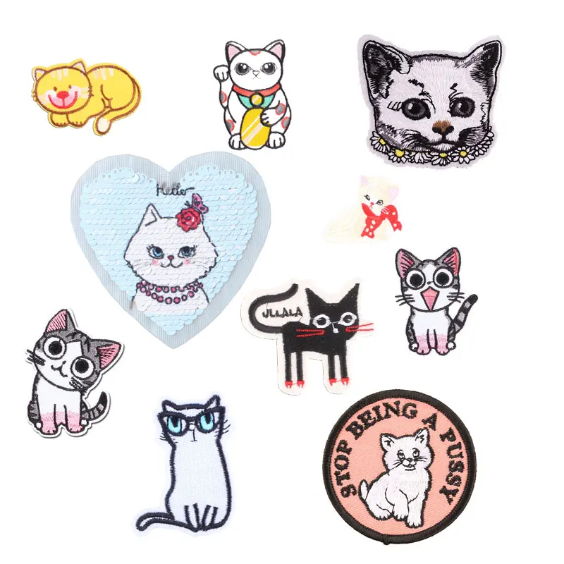 

Heart Sequins Patches Reversible Change Color Stripe on Cloth Cartoon Cat Iron on Patch for Clothing embroidery applique G