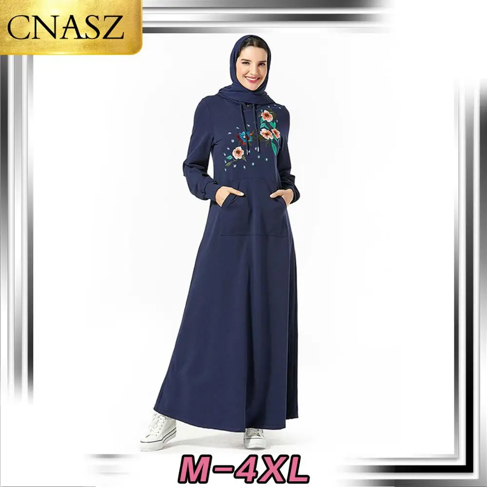 

Muslim Dress Dubai Fashion Middle Eastern Hooded Have Pocket Embroidered Long Sleeve Arab Dress Islamic Turkey Kimono Morrocan