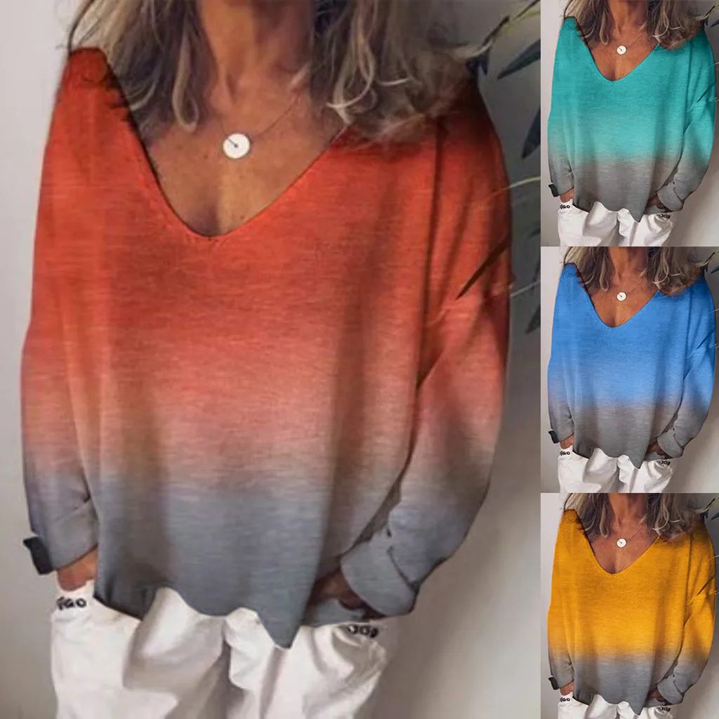 

Fashion 5XL Plus Large Size Women's T-shirt Summer Tops New Leisure clothes Colorful Loose Feather V-Neck Long Sleeve Shirts#35