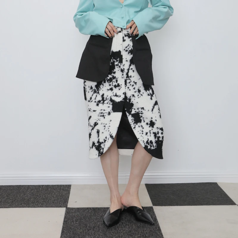 Women Skirt Irregular Color Matching Wool Skirts Womens Asymmetry High Waist White Long Skirts Winter 2020 New Fashion ZXAM