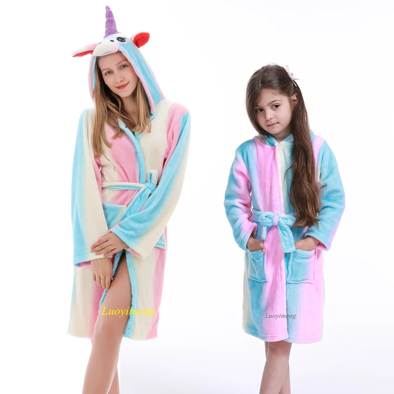 Kids Winter Flannel Bathrobes Cartoon Long Robe Unicorn Robes Pajamas Adult Dressing Gown Boys Girls Animal Sleepwear Bath Suit