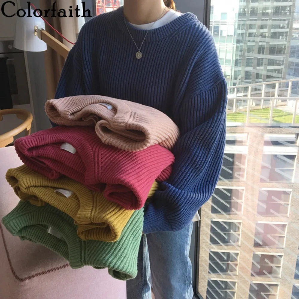 Colorfaith New 2021 Autumn Winter Women's Sweaters Pullover Stylish Oversize Minimalist Solid Lady Pink Sweet Tops SW18129 | Женская