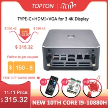 Topton quente mini pc windows 10 intel i9 10880h 8 núcleo 16 threads 2 * ddr4 2 * m.2 nvme 2 * lan barebone pc dp hdmi htpc nuc 4k computador