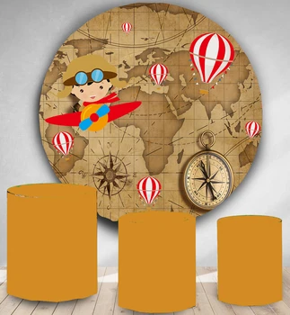 

Hot Air Balloon Boy Pilot Birthday circle Background Photo Studio round panel backdrop baby shower party decor polyester YY-197