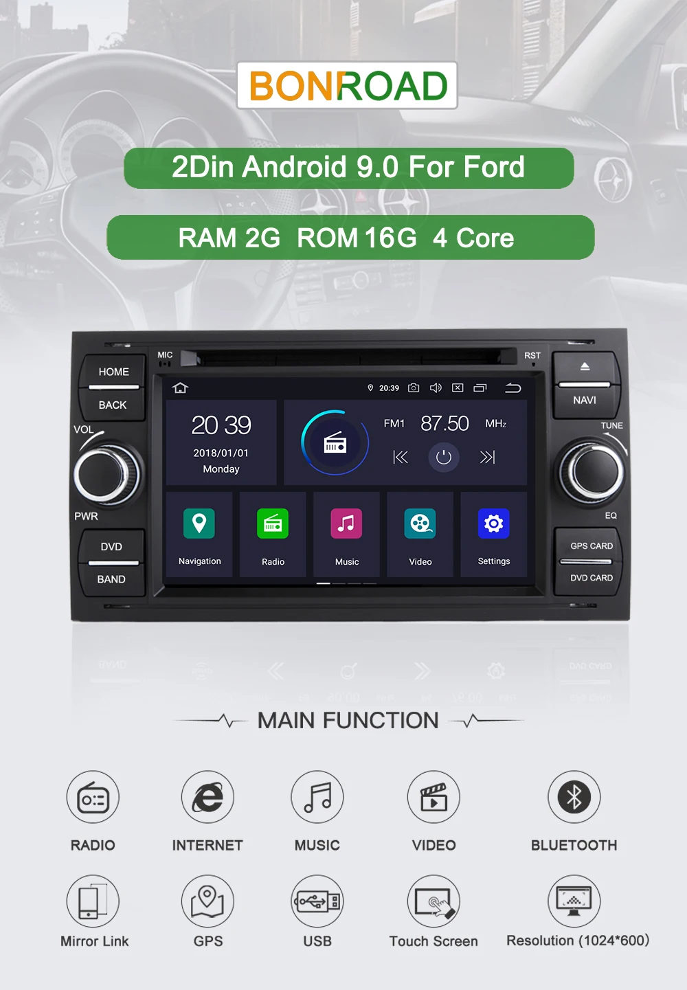Cheap Bonroad 7" 2DIN Android 9.0 Car Video Player GPS Navigation for Focus Galaxy S-Max Fusion Fiesta Car Multimedia Player RAM4G 0