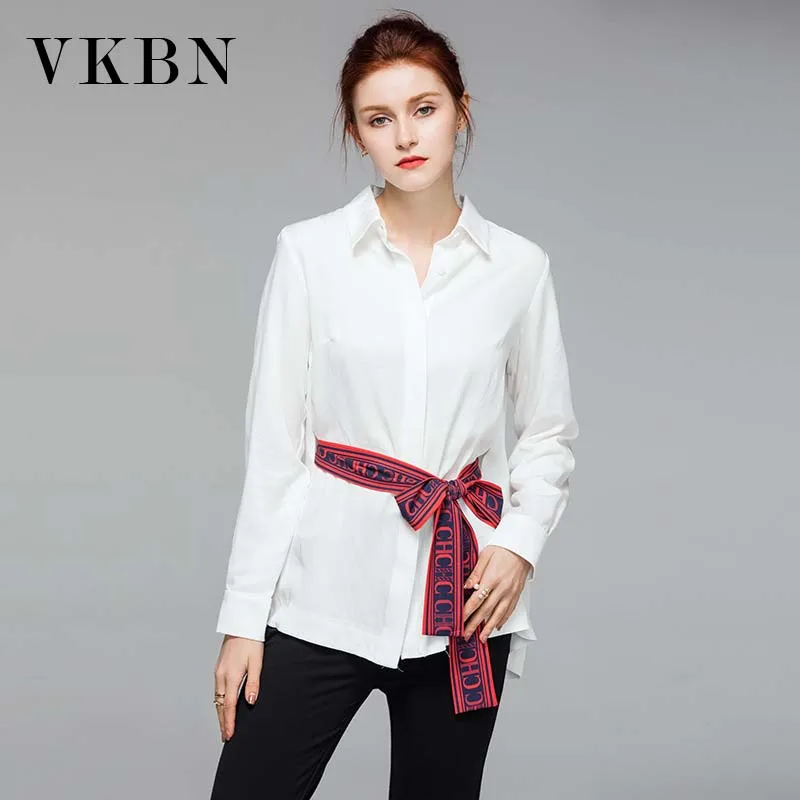 VKBN, Женские топы и блузки, высокое качество, длинные рукава, рубашки с отложным воротником со стойкой, женские блузы с поясом, Femininas Elegante