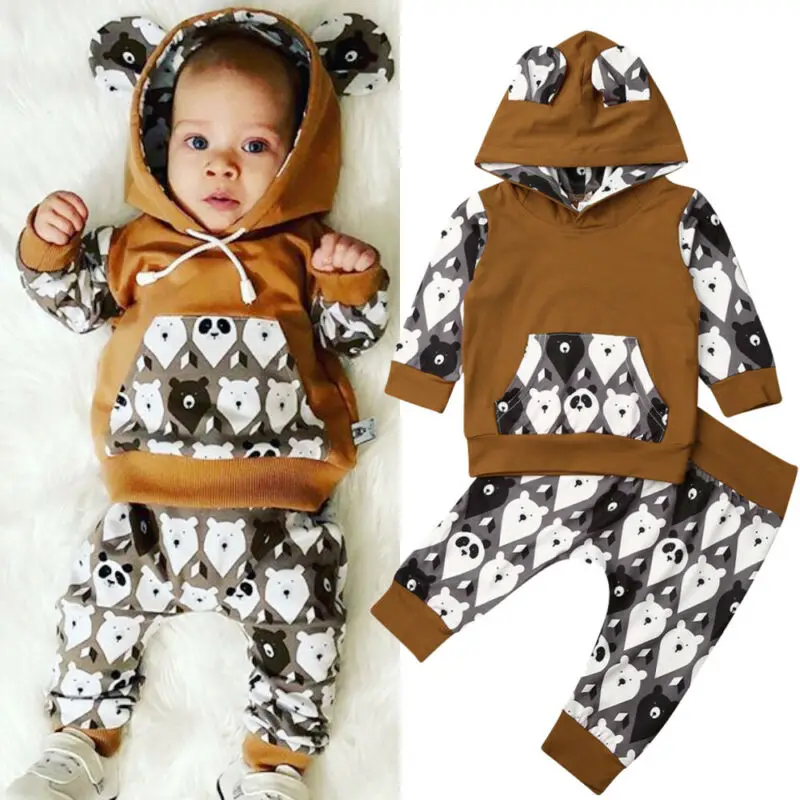 Newborn Baby Girl Boy Tracksuit Clothes Sets 0-24M Cartoon Animal Print Hooded Top+Long Pants Outfits | Детская одежда и обувь