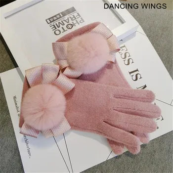 

Fashion Elegant Womens Touch Screen Rabbit Hair Ball Gloves Winter Warm Female Cashmere Bow Full Finger Mittens