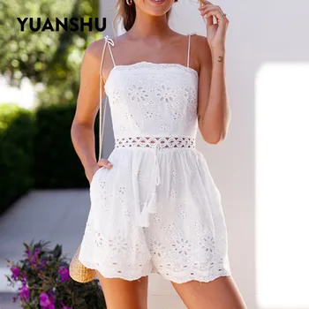 

YUANSHU Summer White Playsuit Women Hollow out Embrodiery Backless Spaghetti Strap Tops Loose Shorts Casual Holiday Jumpsuit