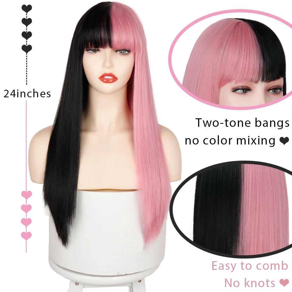 Synthetic Hair Pink and Black Wig Long Straight hair Cosplay Wig Two Tone Ombre Color Women Wigs