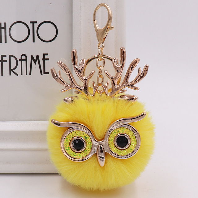 Cute Sequin Ears Owl Keychain Fluffy Artificial Rabbit Hairy Pom-pom Keychain Women's Shoulder Bag Owl Pendant Key Ring
