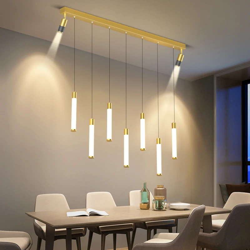 Modern Ceiling Chandelier For Dining Room Decorate Kitchen Long Strip Pendant Light LED Cylinder Hanging Lamp With Spotlight led chandelier