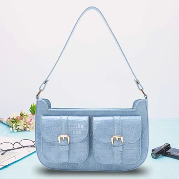 

Doble Bolsillo Shoulder Bag Vintage Alligator Leather Handbag Luxury Brand Tote Bag 2020 Fashion Baguette Shape Bags Bolsa