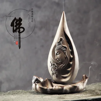 

Ceramic incense burner Buddha head statue lotus shape waterfall censer zen decor home decoration accessories