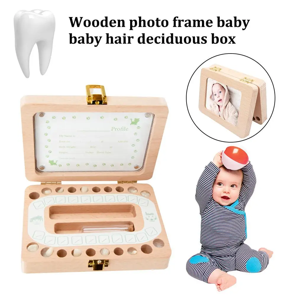 Wooden Photo Frame Fetal Milk Tooth Box Baby Kids Tooth Box Children English Storage Box for Gift Boys Girls Baby - Цвет: Light Yellow