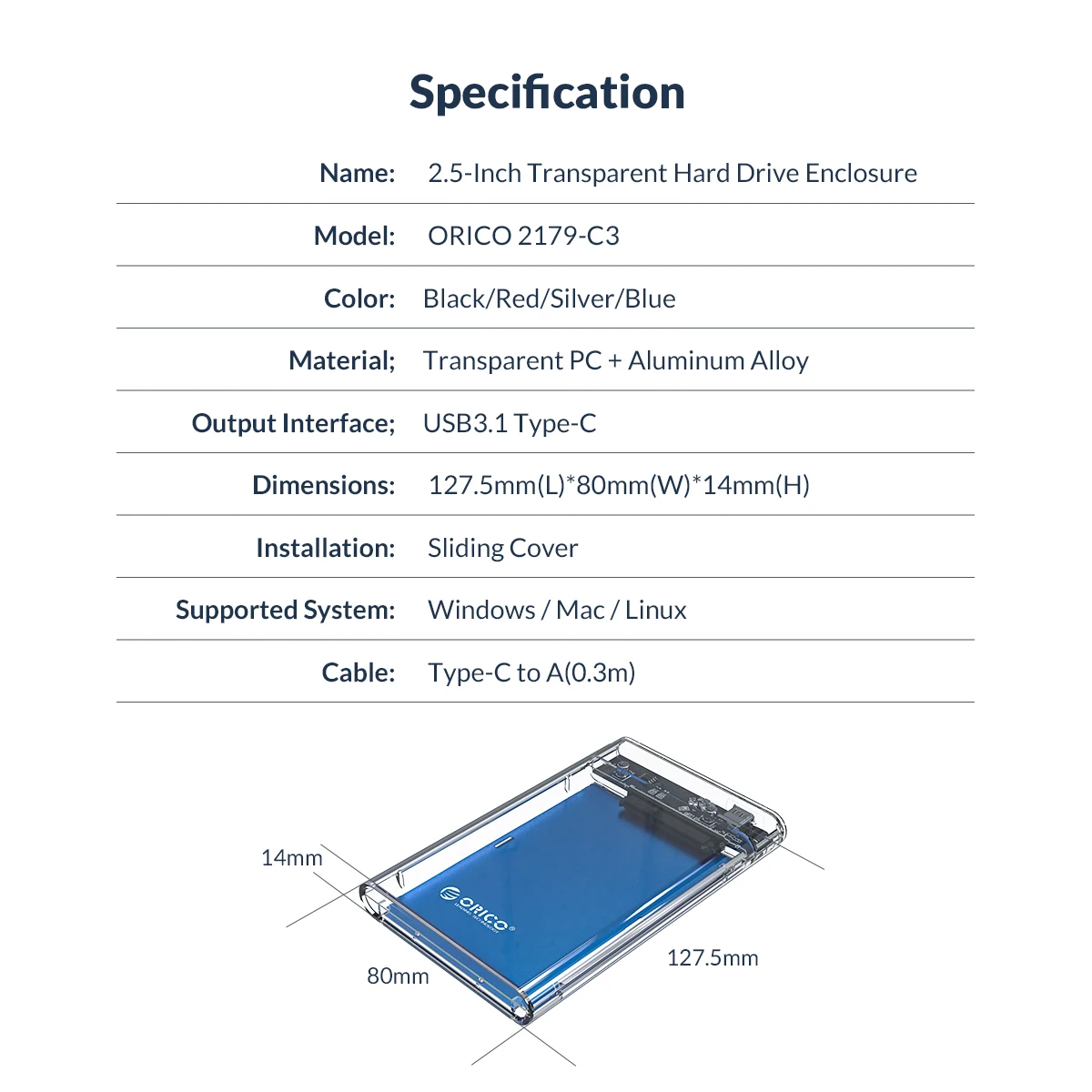 ORICO 2,5 корпус для жесткого диска SATA для USB3.1 Gen1 прозрачный корпус для жесткого диска 4 ТБ Ёмкость для SSD диск 5 Гбит/с Внешний жесткий чехол