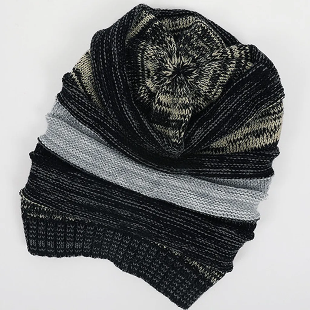 Unisex Autumn Winter Wool Blends Cap Hats Patchwork Fleece Lined Headwear Cable Knit Beanie Hat Chunky Outdoor Hat#4