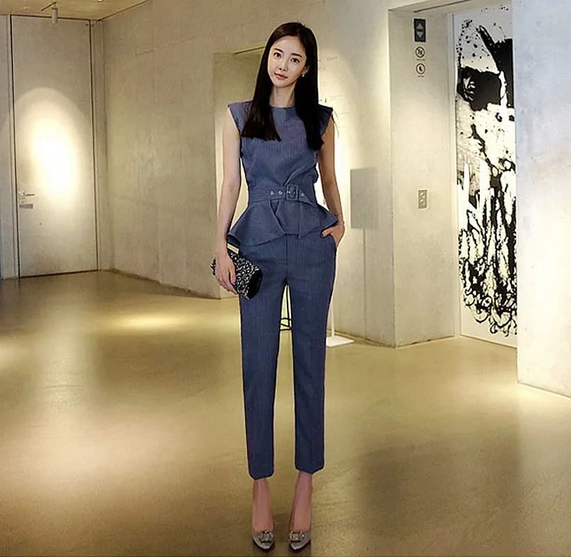 LLZACOOSH 2020 spring and summer new sleeveless lotus leaf coat Slim was thin trousers two sets of professional OL suit female LLZACOOSH 2020 spring and summer new sleeveless lotus leaf coat Slim was thin trousers two sets of professional OL suit female