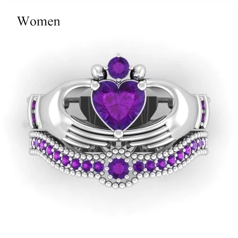 Rings - Men's Stainless Steel Crystal Ring & Women's Heart Natural Purple Crystal Ring Bridal Wedding Engagement Ring Set