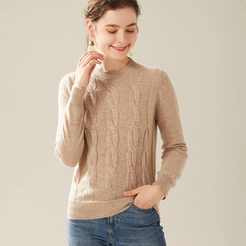 womens real wool sweater winter warm pullover female long sleeves round neck casual slim knitwear soft stretch jumper sweaters - Color: Camel