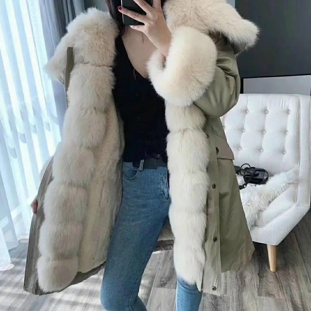 

2019 Real Fur Coat Winter Jacket Women Long Parka Natural Fox Fur Collar Hood Rex Rabbit Fur Lining Detachable Streetwear