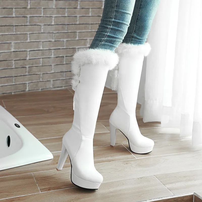 New winter high heel boots snow boots rabbit hair to knee knee round toe boots warm stylish size 34-43