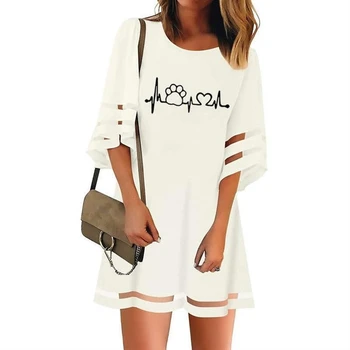 

Dress Mesh Stitching Dress Dog Paw Letters Print Clothing Beach Vintage Maxi Zanzea Plus Size