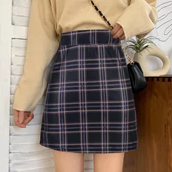 Jaycosin moda feminina mini xadrez impresso saia cinta elástica senhoras magro cintura alta retro saia curta verão a line saia longa