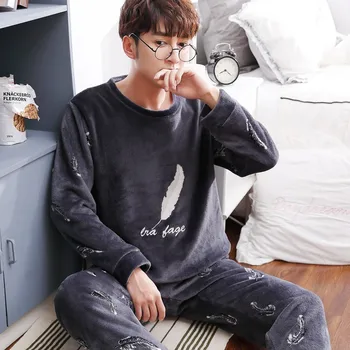 

Men Flannel Sleepwear 2PCS Sleep Set Soft Pajamas Suit Intimate Lingerie Casual Home Clothing Coral Fleece Nightwear Homewear