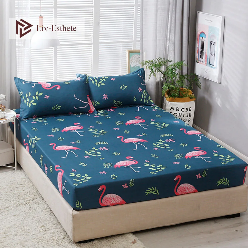 

Liv-Esthete Fashion Flamingo Polyester Fitted Sheet With Pillowcase Soft Mattress Cover Bed Linen Bed Sheet On Elastic Band